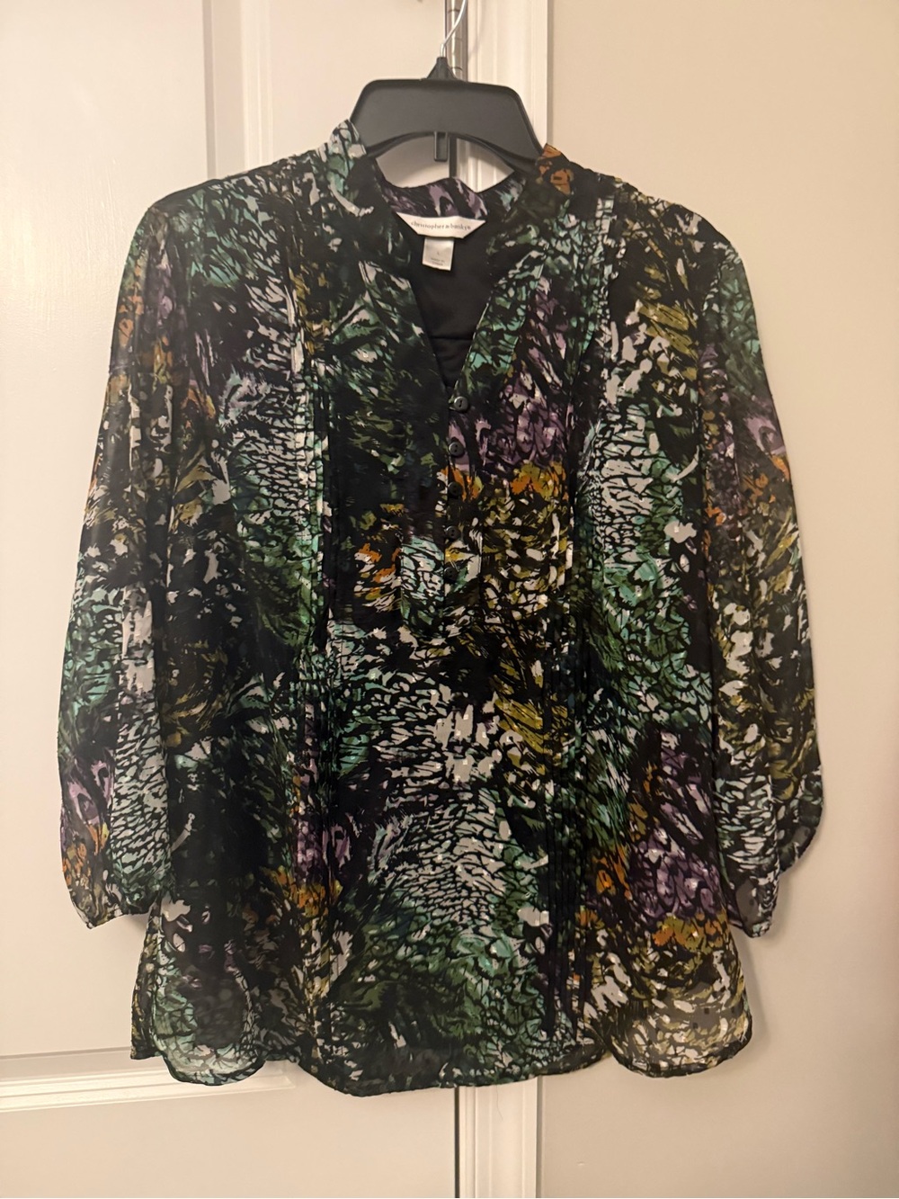 Christopher & Banks Black Sheer Blouse with Green and Purple Print